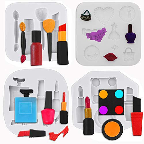 Morofme 4pcs Makeup Silicone Molds Lipstick Perfume Makeup Tool Fondant Chocolate Candy Cake Molds for Sugarcraft Cake Cupcake Toppers Soap Resin Polymer Clay Crafting Makeup Spa Birthday Party