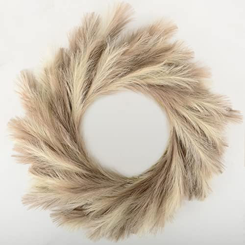 Perfnique Artificial Pampas Grass Wreath - Faux Pampas for Front Door, Boho & Farmhouse Decor, All Seasons Wall Hanging, Ivory & Taupe