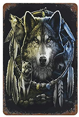 Lsjuee Wolf Mandela Dreamcatcher WolvesRetro Retro Metall Eisen Malerei Blechschild Wanddekoration Poster Aluminium Plakette für Cafe Bar Pub Home Bier Dekoration
