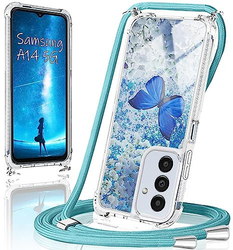 Handykette für Samsung Galaxy A14 5G Hülle mit Band,Handyhülle Samsung Galaxy A14 5G Glitzer Schmetterling mit kette TPU Slim Bumper Kratzfest Transparent Stoßfest Schmetterling Schutzhülle mit Kordel