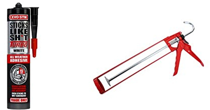 EVO-STIK Sticks Like Sh*t Turbo Adhesive, White, 290ml & ProDec MG11ES Extra Strong Skeleton Caulking Gun - Professional Heavy Duty Applicator Suitable for High Viscosity Products,Red,400ml and 310ml