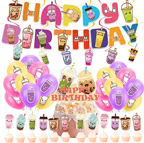 LFCFDX Boba Tea Party Decorations: Multi-color Boba Tea Birthday Party Supplies Includes Banner, Cake Topper, Cupcake Toppers, Spirals, Balloons