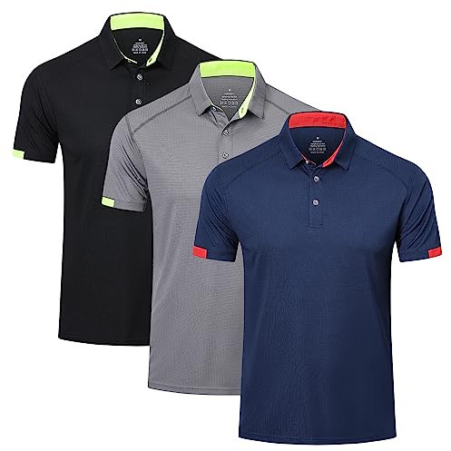 HUAKANG 3 Pack Mens Polo Shirts Short Sleeve Breathable Quick Dry Golf Top Running Sports Tee Top Gym Workout Polo T Shirts 0506 Black Grey Navy-L