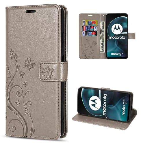 betterfon Hülle Kompatibel mit Motorola Moto G14 | Premium PU Leder Handyhülle Wallet Case für Moto G14 | Schutzhülle Blumen Klapphülle Handyhülle | Grau