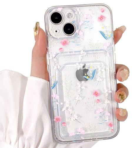NITITOP Compatible for iPhone 13 Case Clear with Card Holder, Cute Heart Pattern Love Design for Women Girl, Protective Soft TPU Shock-absorbing Wallet Case for iPhone 13-Many Florals