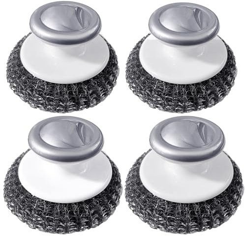 Limpiador de lana de acero inoxidable con asa, estropajo de platos resistente, cepillo de acero para limpiar ollas, sartenes, parrillas, fregadero (paquete de 4)