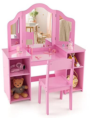 COSTWAY Set Toeletta per Bambini 2 in 1, Set Postazione Trucco in Legno con Sedia, Specchio a 3 Ante Rimovibile e 4 Scomparti, per Bambini 3+ Anni (Rosa)