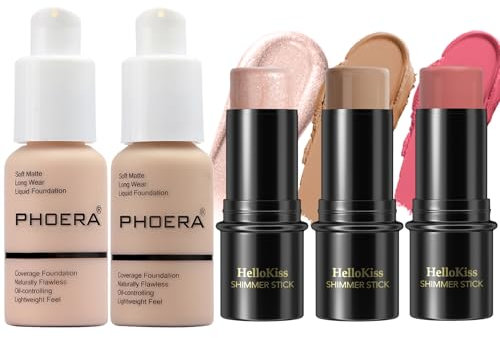 PHOERA Foundation, 3Pack Contour Stick Makeup Set, Farbtöne mit Highlighter-Stick, Rouge-Stick und Bronzer Contour (101+102+ Fair Contour/Porcelain+ Nude+#01,#08,#13, 130.00 g (1er Pack))