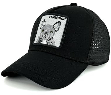 SINABIN Unisex bestickte Patch-Trucker-Mütze, Netzstoff, Snapback-Baseballkappe, Schwarzer Hund (Frenchie), Einheitsgröße
