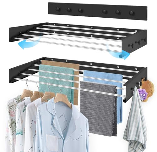 Joyoleder Wäscheständer Wandmontage,80 cm wäschetrockner Wand platzsparend ausziehbar mit 6 Handtuchhaken,Wand Wäschetrockner für drinnen oder draußen,Balkon, Terasse(Schwarz)