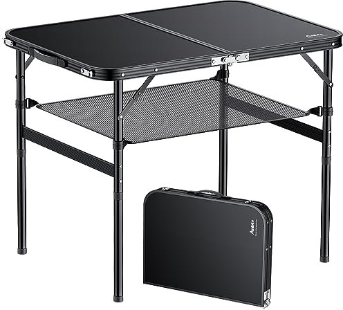 Anbte Mesa Plegable Multifuncional de Camping, 90 x 60 x 45/70 cm, MDF Mesas de Jardín Ahorro de Espacio Altura Portátil Mesa de Café de Aluminio para Balcón/Barbacoa Negro