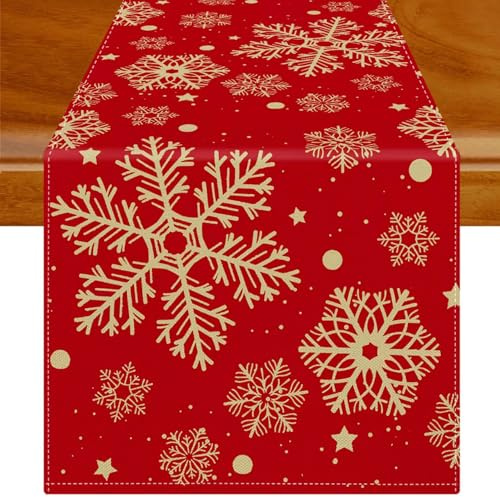 Jayusaror Tischläufer Weihnachten Rot und Gold Tischdecke Schneeflocken Weihnachtstischläufer Weihnachts Tischläufer Tischdeko für Urlaub Party 33 x 183 cm