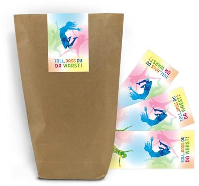 Mitgebsel 12 Geschenktüten + 12 Aufkleber Jump Trampolin Kindergeburtstag Mädchen Jungen Geschenktüten für Gastgeschenke einpacken beim Mädchengeburtstag Jungsgeburtstag