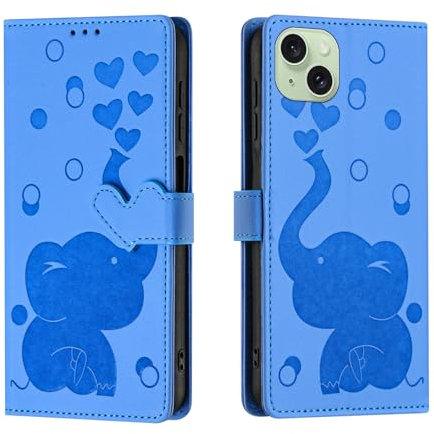 Wuhaizher for iPhone 14 Case iPhone 13 Case Elephant Love Heart Shockproof Leather Flip Wallet Phone Case for Kids Girls with Card Holder Stand Magnetic Protect Cover for iPhone 14/13, Blue