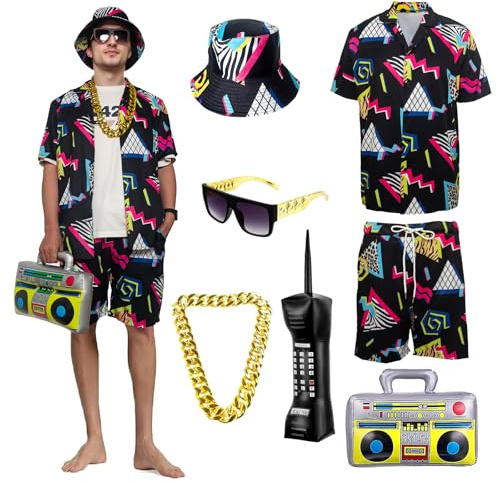 OPAEHJF 80er 90er Jahre Kostüm Trainingsanzug für Herren, 80er Jahre Verkleidung mit Fischerhut Sonnenbrille für Motto Disco Party Kostüme (Schwarz, 3XL)