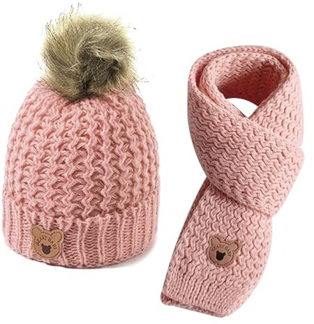 TYXHXTF Gorro de Punto para Bebé, Bufanda Calentador de Cuello y Gorro de Invierno Cálido, Niñas Invierno Bebe Gorros con Pompon y Bufanda de Punto Cuello