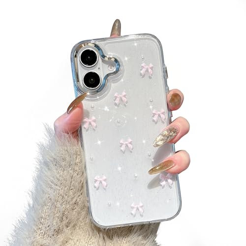 EYZUTAK Coque de Téléphone pour iPhone 16, Brillant 3D Bowknot Cas de Étui Mignon Brillant Clair Nœud Design Esthétique Cas Doux TPU Transparent Housse de Protection - Noeud Rose