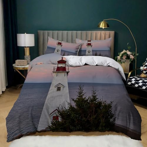 Bettwäsche 200X200 Winter Leuchtturm Bettbezug Super Weich, Bettwasche Set Mikrofaser,Bettdeckenbezug Mit Reißverschluss Und 2X80X80Cm Kissenbezüge