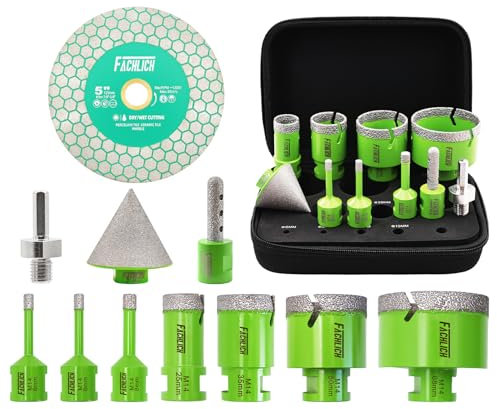 FACHLICH Set di punte diamantate per piastrelle – 11 pezzi (6/6/8/25/35/50/68 mm + fresa da 10 mm + punta smussata da 50 mm + adattatore + disco da taglio da 125 mm) sega a tazza M14 filettatura per