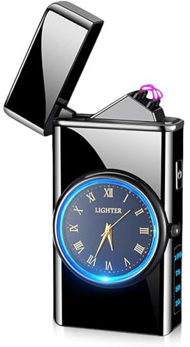 USB Elektronische Feuerzeug, Lichtbogen Feuerzeug mit LED-Beleuchtung Funktion und Uhr, Electric USB Lighter LED Dual Lichtbogen Feuerzeug mit Batterieanzeige Winddicht Plasma Feuerzeug, Schwarz