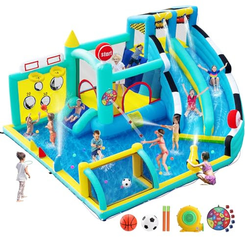 Château Gonflable XXL avec Toboggan pour Enfants Extérieur Intérieur avec Souffleur, Aire de Jeux avec Trampoline, Murs d'escalade, Piscine, Charge 225kg pour 4 Enfants de 3-10 Ans, 470×400×220cm