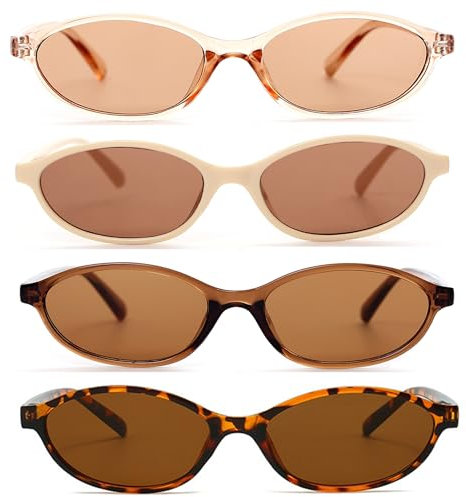 FSMILING 4Pack Retro Oval Cat Eye Sunglasses Womens Small 90S Trendy Narrow Thin Sunglasses Multipack for Women ladies