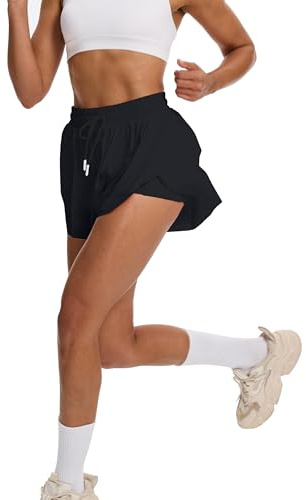 Shorts de Course pour Femme, Shorts de Sport Court 2 en 1, Short de Tennis, Gym, Fitness, Course à Pied avec 2 Poches(L,Noir)