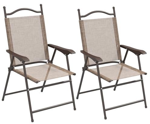 Outsunny Folding Chairs Set of 2, Garden Chair with Armrest, Breathable Mesh Fabric Seat, Camping Sports Chairs for Adults, Mixed Brown