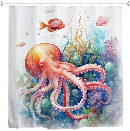 goodbath Octopus Duschvorhang, Aquarell, Tiefes Ozean, wasserdichter Stoff, Badvorhänge für Badezimmer, Badewanne, 180 x 180 cm