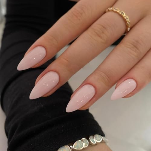 DMQ Dusty Pink False Nails Almond Medium, 24Pcs Soft Gel Press on Nails Oval, Solid Color Pink Fake Nails Set with Glue, Stiletto Full Cover Stick on Nail for Women DIY Nail Art
