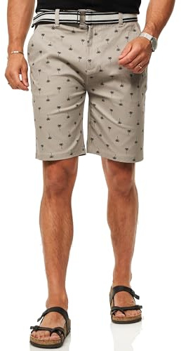 Soulstar Herren Kurze Hose Chinoshorts mit Palmenmuster incl. Canvas-Gürtel - Bermuda Sommershorts für Männer - Elastisch im Regular-Fit