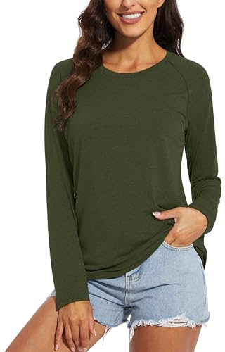 Chicrise Women's Sweatshirts Long Sleeve Round Neck Casual Sweatshirts Loose Plain Basic Blouse Stylish Army Green Large 16-18