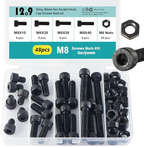 GuoYomm Lot de 48 vis M8 à tête cylindrique avec six pans creux, noirs, en acier au carbone 12,9 degrés, longueurs : 10 mm, 20 mm, 30 mm, 40 mm
