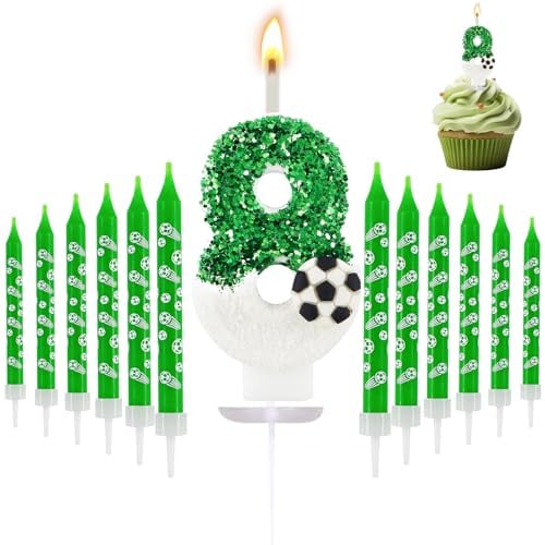 13 Stuck Kerze 8 Geburtstag Junge,3D Fußball Grüne Geburtstagskerzen fussball geburtstag deko Fußball Geburtstagskerzen Zahlen 8.geburtstag Junge,für Kinder, Jungen & Mädchen - Jubiläumsparty