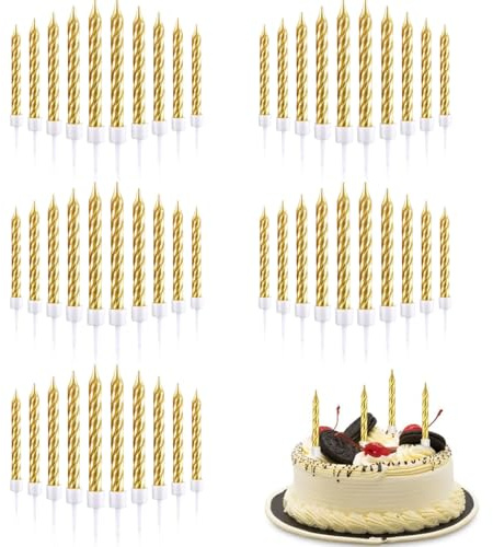 50 Stück Spiral Kuchenkerzen mit Metallhalterung - Geburtstagskerzen für Torten & Cupcakes, Hochzeitskerzen mit Spirale Design zur Kuchendekoration bei Geburtstagsparty, Hochzeit & Feiern (Gold)