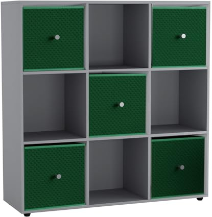URBNLIVING 9 Cube Storage Unit with 5 Foldable Fabric Drawers, Wooden Freestanding Bookcase Shelf Organiser, Modern Cube Shelving for Bedroom, Office, Living Room, Toys, Clothes & Books