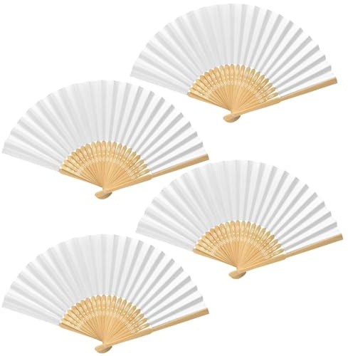 kelav Faltventilator Fächer Weiß, 4 Stück Fächer Hochzeit Taschenfächer Faltbare Handfächer Damen, Bambus Faltfächer für Geburttag Party Wedding Wand Deko Leistung Tanz Sommer Geschenk(Weiß)