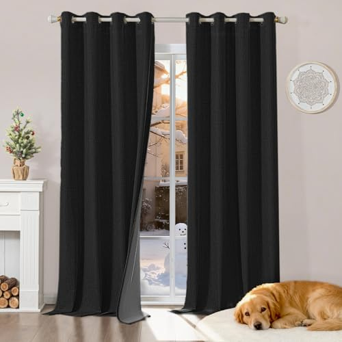 Runyéla 100% Verdunklungsvorhänge Leinen Gardinen mit Ösen, Thermovorhang | 2er Set, H245xB140 Schwarz, Leinenoptik Vorhang Blickdicht, UV-Schutz Wärmeisolierend Schallschutz Schlafzimmer Wohnzimmer