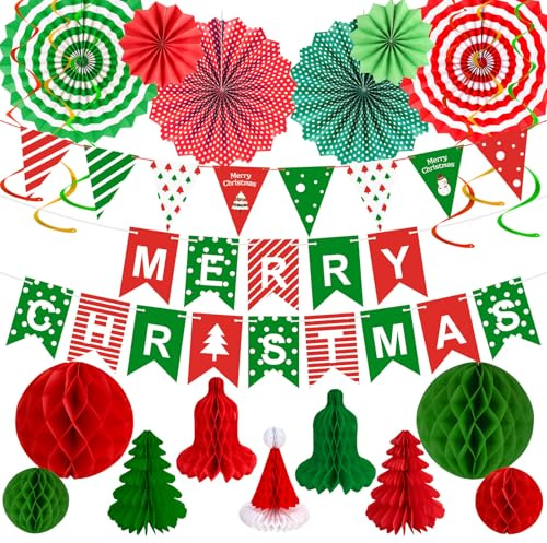 Hxezoc 23pcs Paper Christmas Decorations Indoor Bundle Merry Christmas Banner Bunting Fans Honeycomb Ceiling Hanging Decor for Room Home Office 90S Xmas Party Supplies