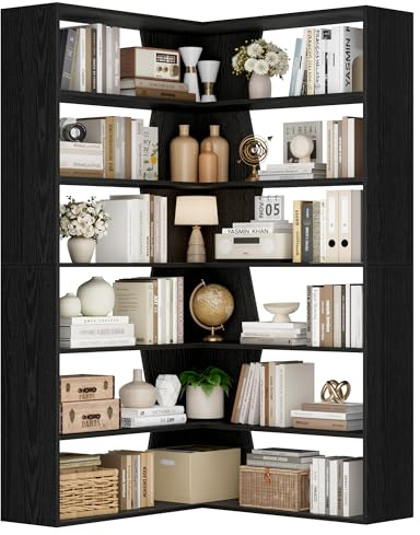 FirFurd 190cm hohes Eckregal stehend mit 6 Ebenen, L-förmiges Bücherregal Eckbücherregal, Eckschrank Bücherschrank Standregal Pflanzenregal für Arbeitszimmer Wohnzimmer, 90x90x190.5cm, schwarz