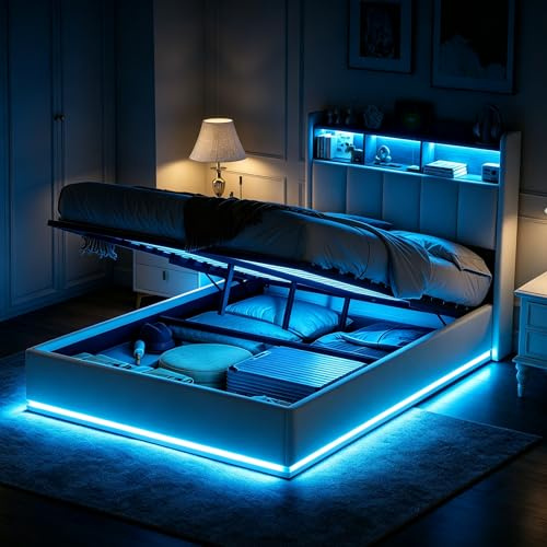 Polsterbett 90x200 cm, LED Einzelbett mit Staufach-Kopfteil und USB-Anschlüssen, Jugendbett 90x200 mit Hydraulischer Stauraum, Gästebett Funktionsbett Stauraumbett Bettgestell mit Lattenrost,Samt