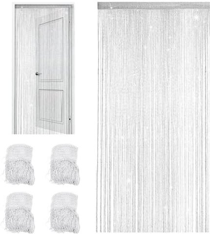 BUERPINKING Fadenvorhang, 4 Stück Fadengardine, Fadenvorhang Glitzer Türvorhang Fensterdekoration Raumteiler Dekoration Perlenvorhang für Hochzeit Party Dekoration, Weiß