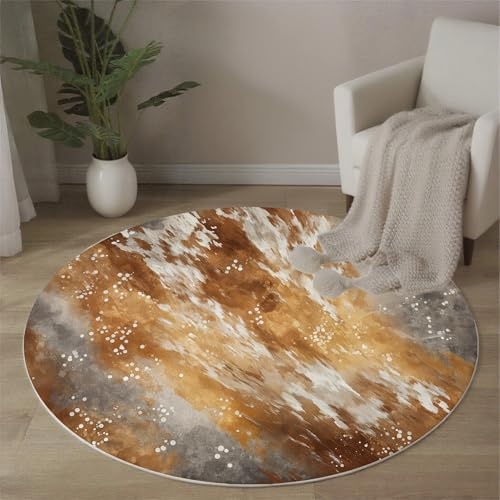 ALTCIRNMD Teppich Kurzflor Wohnzimmer - Bräunlich-Grau 180Cm Rund Aquarellspritzer Muster 3D-Effekt - Abstraktes Wabi-Sabi Teppiche Flachflor Schlafzimmer, Esszimmer