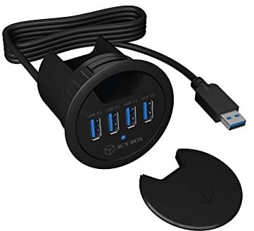 ICY BOX IB-Hub1403 USB-Tisch-Hub (60 mm) zum Einbau, 4x USB 3.0 Anschlüsse, Kabeldurchführung, 5 V Stromanschluss Vorhanden, Schwarz