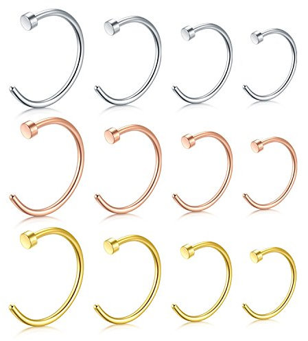 JFORYOU 12-24 Stück Edelstahl Nasenpiercing Nase Ring Nasenring Piercing Hoop 18G 1.0mm 6mm 8mm 10mm 12mm Silber, Gold und Rose Gold