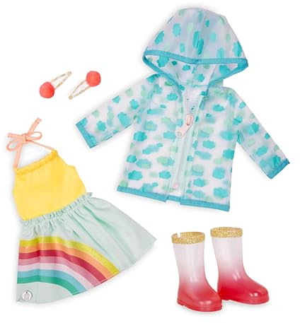 Glitter Girls Deluxe Puppenkleidung 36 cm Regenschauer Outfit – Kleid, Regenstiefel, Regenjacke – Zubehör für Puppen, Spielzeug ab 3 Jahren
