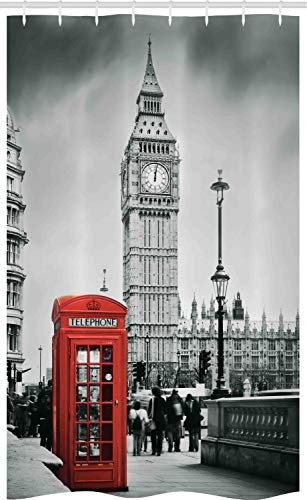 ABAKUHAUS London Schmaler Duschvorhang, Telefonzelle Big Ben, Badezimmer Deko Set aus Stoff mit Haken, 120 x 180 cm, Grau Rost