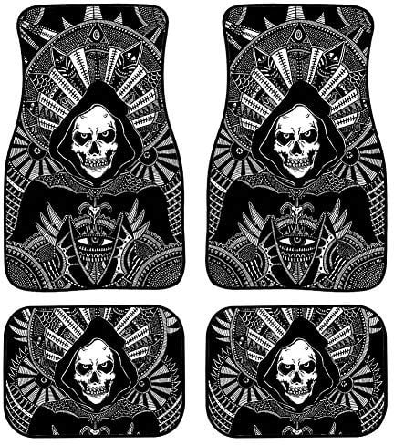 Woisttop Auto-Fußmatten, Gothic-Stil, cooles Skelett-Totenkopf, komplettes Set mit 4 Premium-Autoteppichen, für vorne und hinten, für universelle Autos, LKWs, Limousine als Auto-Dekoration