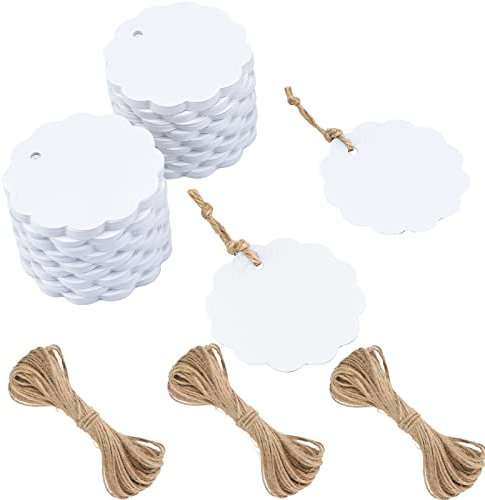 G2PLUS 6CM Rund Kraftpapier Anhänger, 200Stk. Weiß Etiketten Tags, 300g/m² Geschenkanhänger Anhänger Etiketten mit Schnur für Geschenkverpackungen und Kunsthandwerk
