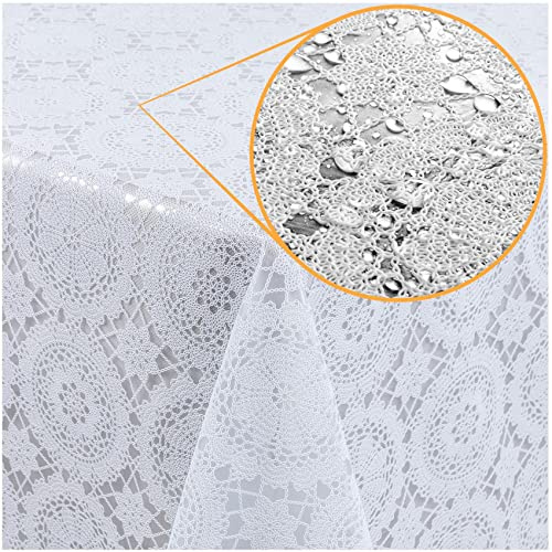 Tischdecke abwaschbar Wachstuch Lace Vinyl Häkel Spitze Optik 240 x 138cm Kreise Weiß abwischbar